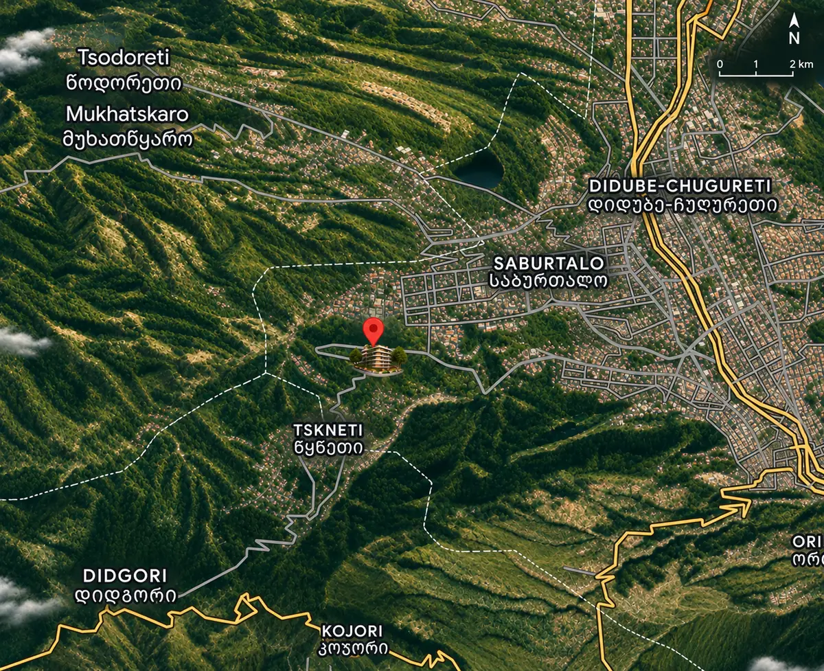 Map of western Tbilisi showing Kaklebi Residence on the forested ridge between Saburtalo and Tskneti