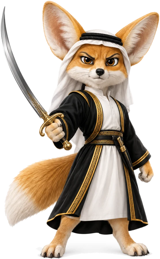 Fanak the fennec fox in a black and gold bisht